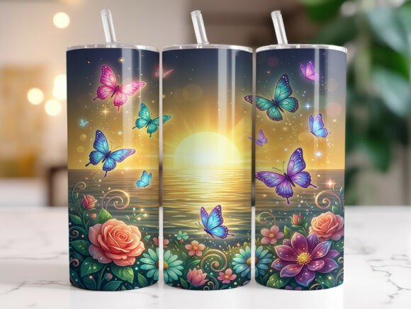 Butterfly Sunset Ocean Floral Tumbler Design Review